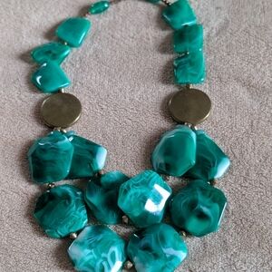 Green Marbled Resin Statement Necklace with Gold Discs